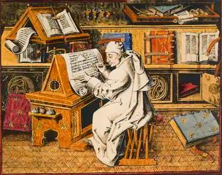 Image ancienne d'un copiste du moyen âge